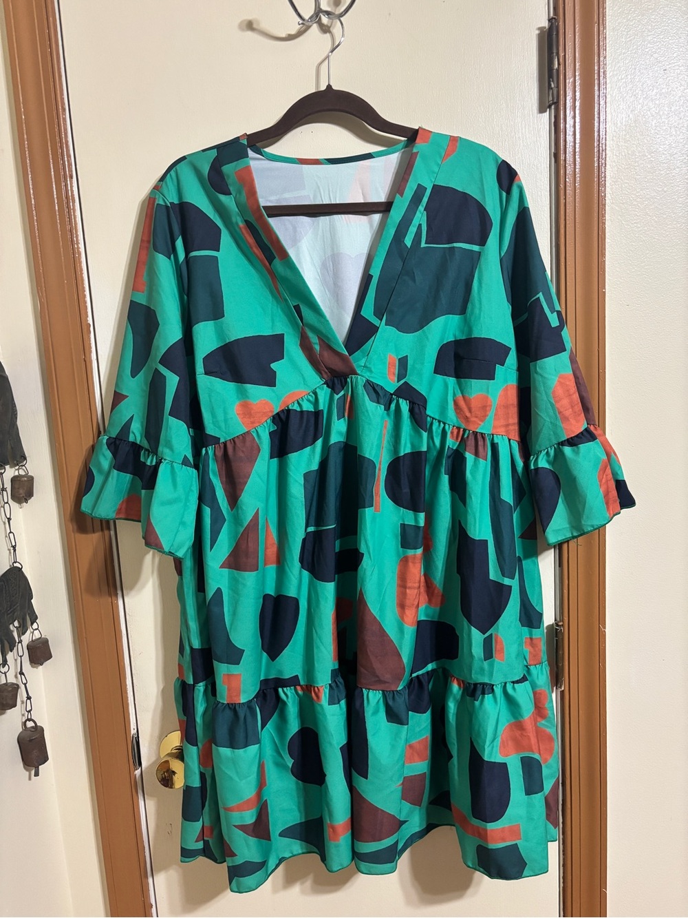 SHEIN Green Abstract Midi Dress with Navy & Rust Accents